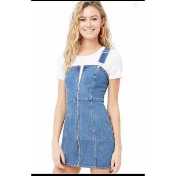 Forever 21 Denim Dress Womens Small Blue Jean Bodycon Mini Overall Zip Front - Picture 7 of 7